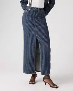 Levi's Premium Ankle Column Denim Skirt Striped Partly Masked, Dark Wash Size 24 - Picture 1 of 11