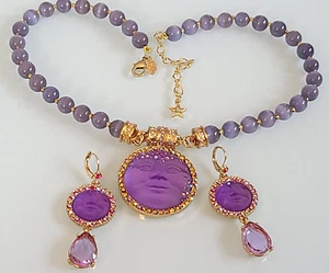 Kirks Folly SIGNED PURPLE MOON SMILING NECKLACE EARRINGS SET GORGEOUS AURORA B'S - Picture 1 of 24