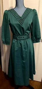 Vintage 1970s Jerell of Texas Green Belted Dress Size M Retro Cottage - Picture 1 of 4