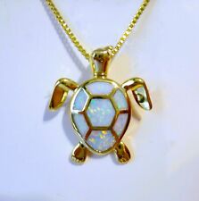 GORGEOUS WHITE FIRE OPAL TURTLE YELLOW GOLD PENDANT