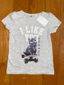 H&M: Gray "I like you" Cat on Skateboard Shirt, Size S (4-6), New with Tag - Picture 1 of 3