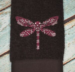 Custom Embroidered Mosaic Dragonfly Hand Towel Black and Purple Handmade