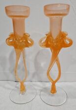 Vintage Pair Of Blown Orange Polish Glass Candlestick Holder Set Jozefina 10"