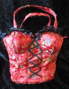 Vintage Y2K Red Floral Corset Bustier Handbag w/Black Lace Trim & Back Lacing - Picture 1 of 4