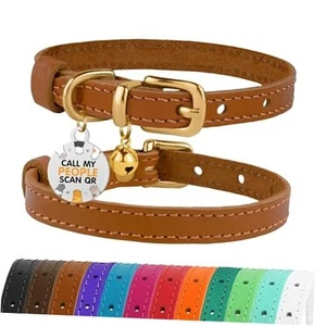 Leather Cat Collar with Removable Bells Non Breakaway Kitten QR Tag for Girl - Picture 1 of 8