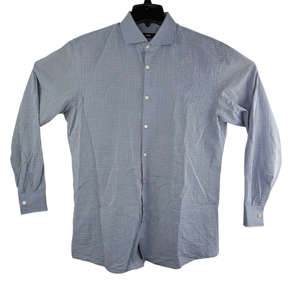 Camisa de vestir BOSS Hugo Boss para hombre 17 1/2-34/35 azul/blanco a cuadros ajuste nítido usada en excelente estado Foto 1 de 4