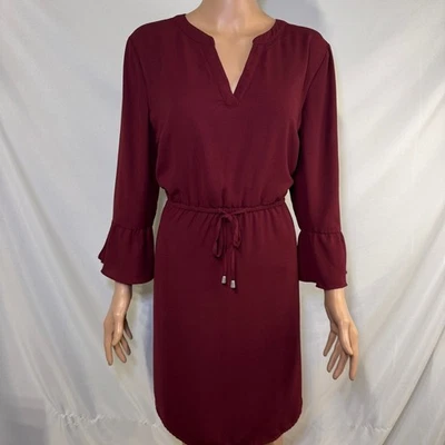 Maurice's Maroon V-neck Tie Waist Bell Sleeve Midi Dress Size Medium - Image 1 of 4