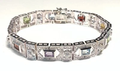 Brazalete de tenis DBJ de plata de ley 925 con diamantes y piedras preciosas de 7,5 pulgadas KA77 Foto 1 de 4