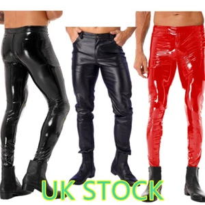 UK Men Faux Leather Shiny Tights Skinny Motorcycle Biker Pants PVC Long UK - Picture 1 of 33