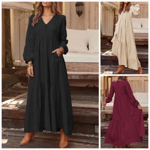 Womens Shirt Dresses Ethnic Long Sleeve V Neck Causal Loose Party Dress Oversize - Picture 1 of 15