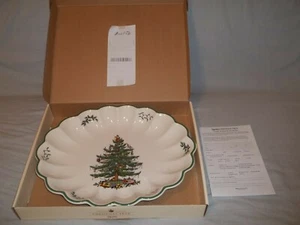 Vtg SPODE CHRISTMAS TREE Scalloped Oval Fluted Tray Platter In Box England - Picture 1 of 11