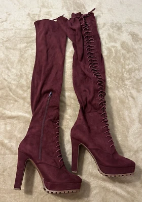 Zapato Deslumbramiento Ciruela Remi Plataforma Grueso Tacón Alto Hasta la Rodilla Botas Altas Talla 7.5 Foto 1 de 4