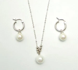 Pearl Earrings and Pearl Necklace Jewelry Set 925 Sterling Silver Rhodium Plated - Picture 1 of 4