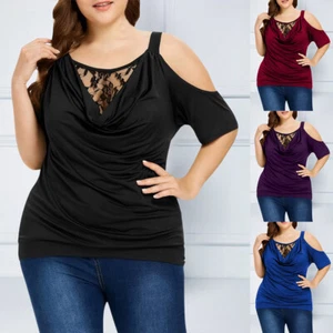 Plus Size Women Cold Shoulder Tunic Tops T-Shirt Ladies Lace Casual Blouse Shirt - Picture 1 of 19
