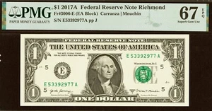 2017A $1 Federal Reserve Note PMG 67EPQ 2nd highest graded Richmond Fr 3006-E - Picture 1 of 3
