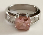 Sterling Silver - Signed FAS *Diamond-Cut Pink CZ Solitaire Ring Size 7 - 4.9g