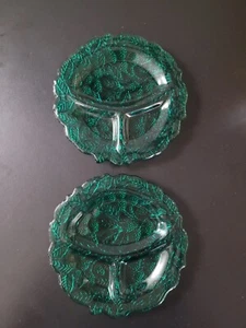 2 Vintage Indiana Glass Teal Green Divided Dish or Grill Plate Loganberry 9" - Picture 1 of 11
