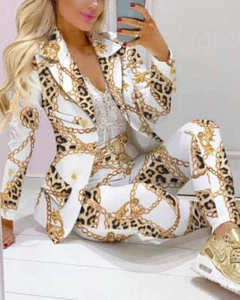 Casual Stripe Print Suit Coat Pants Set Office Lady Fashion Elegant Long Sleeve - Picture 1 of 72