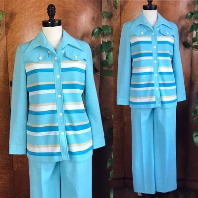 STRIPED 1970’s 70s Vintage Blue Polyester Leisure Suit Pants Jacket Pantsuit M L - Image 1 of 4