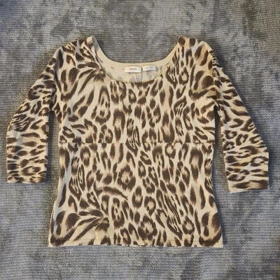 Neiman Marcus Suéter de Cachemira, Manga 3/4, Marrón Y Tostado Estampado Animal Talla Grande Foto 1 de 4