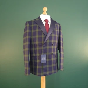T.M. Lewin Tuxedo Blazer Men's 38S Skinny Fit Tartan Double-Breasted Jacket Navy - Picture 1 of 17