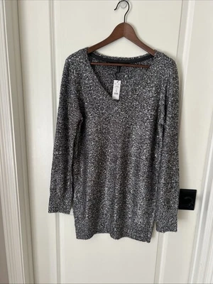 WHBM Mujer’s M Negro Plata Lentejuelas Tejido Cuello en V Túnica Suéter Vestido Brillante Fiesta Foto 1 de 4