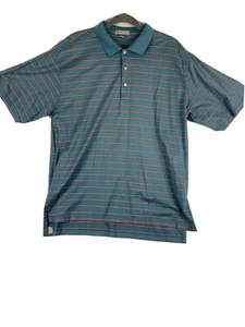 Peter Millar Large Golf Polo EUC Blue With Red And White Stripe - Picture 1 of 3