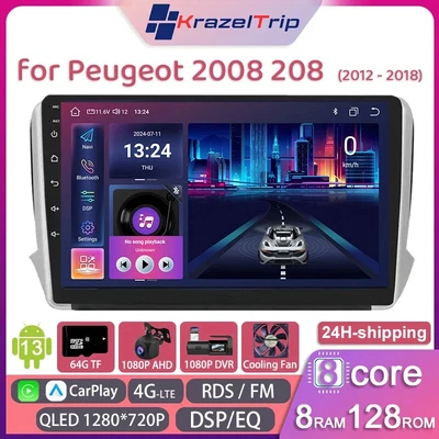 8 Core QLED Car Radio Stereo for Peugeot 2008 208 2012-2018 CarPlay Android DSP  - Image 1 of 4