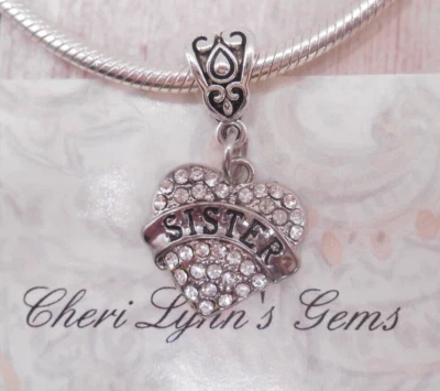 SILVER SISTER WHITE PAVE CRYSTAL HEART EUROPEAN BRACELET CHARM BEAD & POUCH! - Image 1 of 3