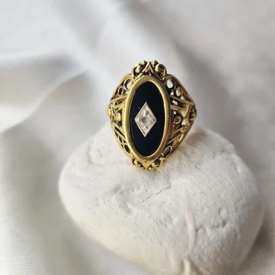 anello antico argento 925 vintage vittoriano art deco fatto a mano onice... - Immagine 1 di 4