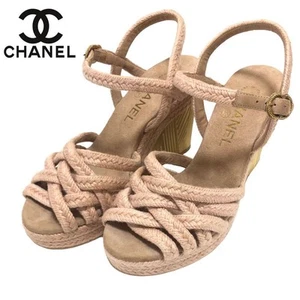 CHANEL Mules Sandals Heel Pink Espadrilles Wedge Sandals EU36 US6 Japan F/S USED - Picture 1 of 24