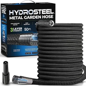 Manguera de jardín de metal de 3 capas HYDROSTEEL 50 pies con boquilla, 50 pies, negra - Imagen 1 de 9