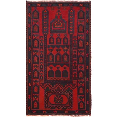 2'8x4'9ft Afghan Red Carpet Hand-Knotted Oriental Tribal Prayer Wool Rug -B18448 - Image 1 of 4