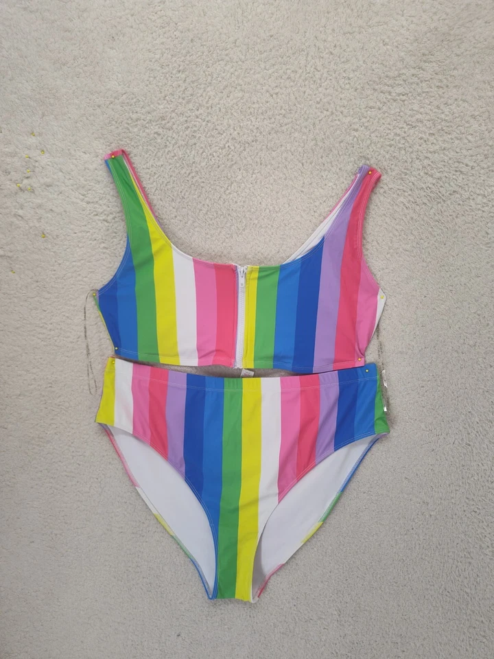 Forever 21+ 女式泳装 3X 彩色条纹聚乙烯混纺两件式泳装 — 第 1/4 张图片