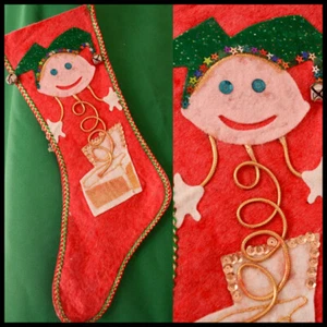 vtg 50s 60s **JACK IN BOX* glitter sequin felt KITSCHY XMAS STOCKING jingle bell - Picture 1 of 10