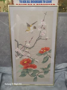  Framed Vintage Chinese Watercolour Ink  on Silk / Bird / 20.5x11.5" - Picture 1 of 10