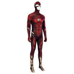 New The Flash Cosplay Costume Outfit with Head Cover Men Halloween Bodysuit Set
