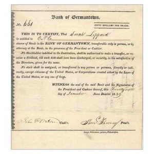 Bank of Germantown Stock Certificate // One Share // 1839 - Picture 1 of 2