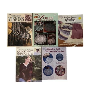 Lot of 5 Crochet Knit Pattern Leaflets, Books Afghans Y2K Sweaters Tablecloths - Picture 1 of 6