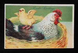 1900s Easter Greetings Cute Chick with Hen in a Nest Chicken Postcard - Picture 1 of 1