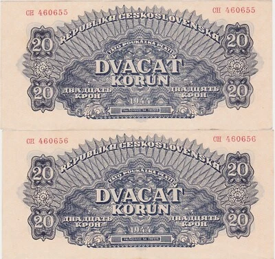 Czechoslovakia 2 X 20 Korun 1944 XF+ aUNC NOT Perforated consecutive - Image 1 of 2