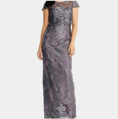 NEW Adrianna Papell Pop Over Embroidered Lace Dress Lace Short Sleeve 8 Grey - Image 1 of 4