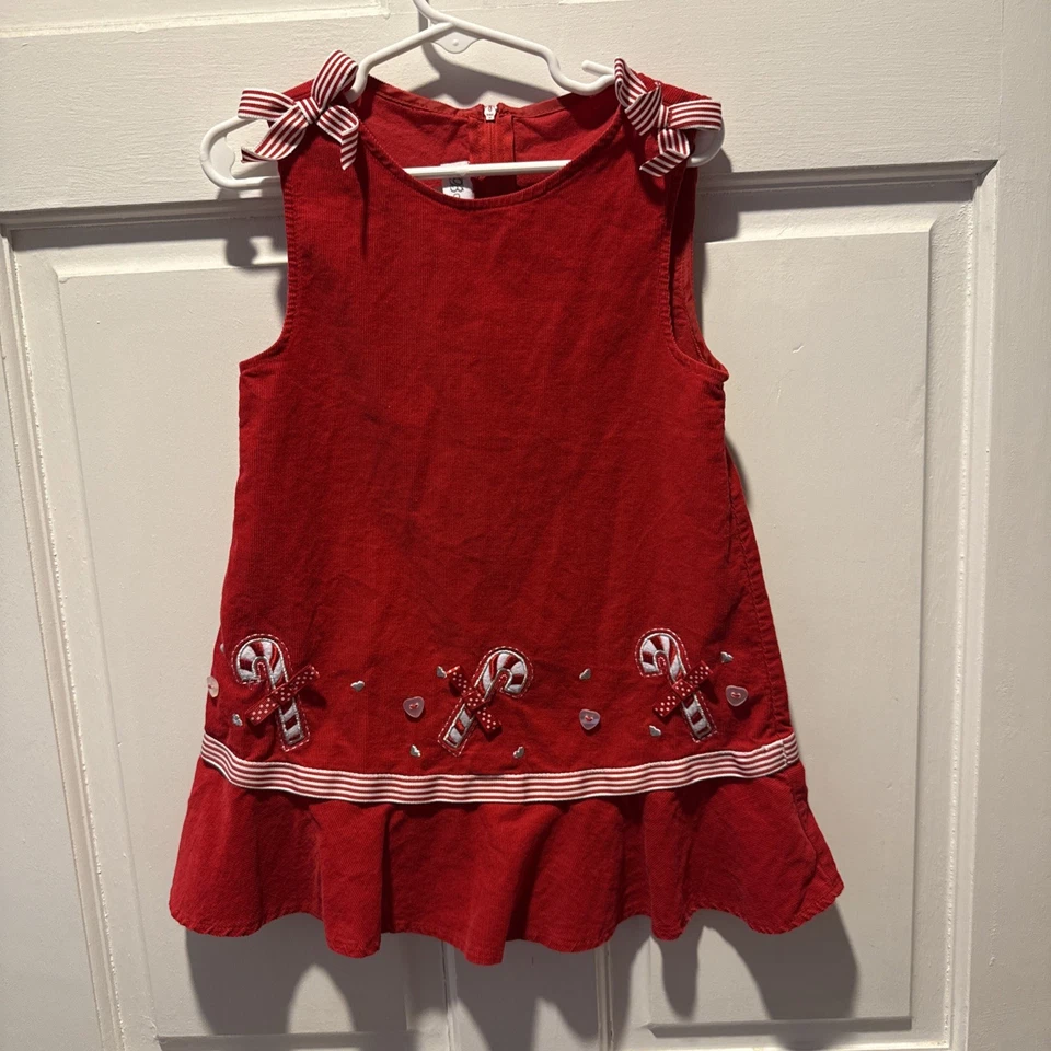 Bonnie Jean Girls Red Corduroy Christmas Holiday Dress with Candy Canes Size 3T - Image 1 of 4