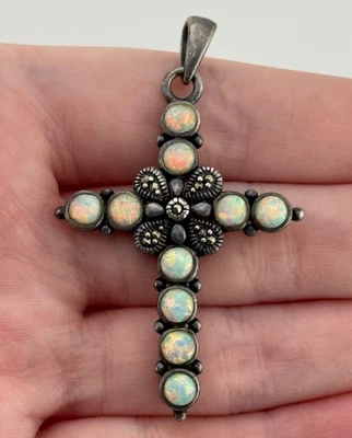 Sterling Silver Marcasite Lab Opal Cross Pendant - Image 1 of 4