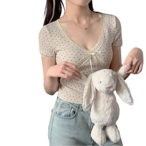 Short Sleeve Floral Lace T Shirt for Women Stylish Summer Top with Bow Detail - Picture 1 of 24