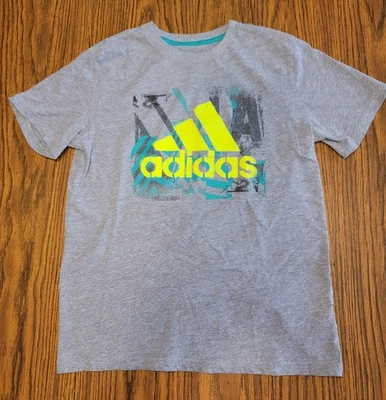 Adidas серый короткий рукав футболка, для мальчиков Sz M (10/12) ярко желтый логотип - Изображение 1 из 3