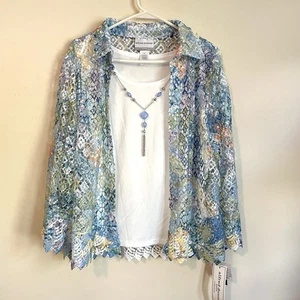 NEW Alfred Dunner 2 For 1 Women’s Size PL Colorful Cardigan w/Blouse & Necklace - Picture 1 of 13