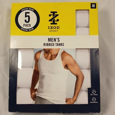 IZOD Men’s Ribbed Tanks 5-Pack Medium White Cotton Blend Sleeveless Undershirts - Image 1 of 4