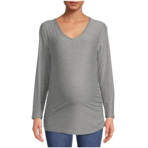 Time & Tru Maternity Long Sleeve V-Neck T-Shirt in Medium Gray Ruched Size L - Picture 1 of 7