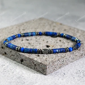 Pulsera elástica Reiki curativa cristal con cuentas de lapislázuli y hematita natural - Imagen 1 de 4